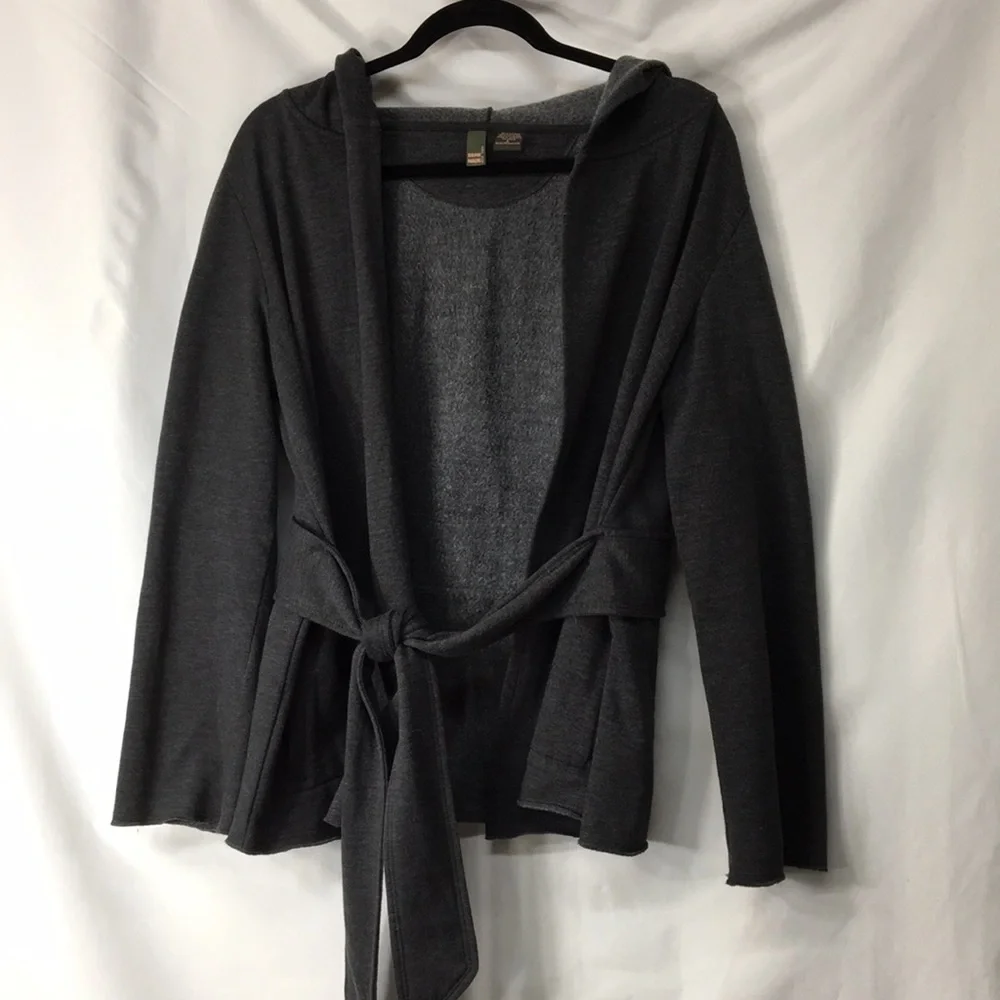 Serenade Women’s Dark Gray Tie-Front Hooded Sweater Cardigan Size L Like-NEW
